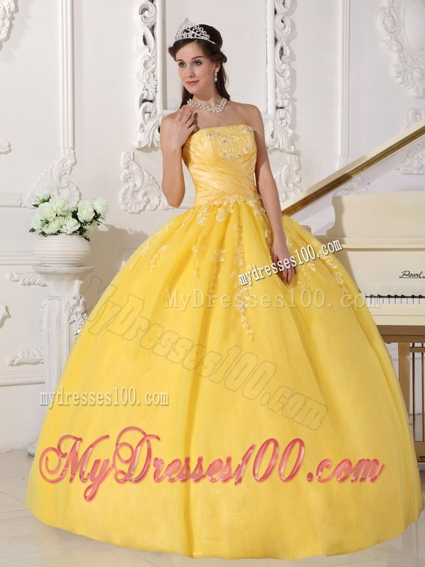 Ruching Beading and Appliques Decorated Sweet 15 Dresses in Yellow