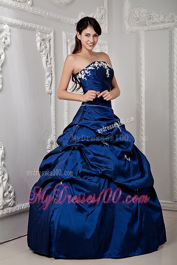 Strapless Sweet 15 Dresses In Navy Blue with Pick-ups and White Appliques