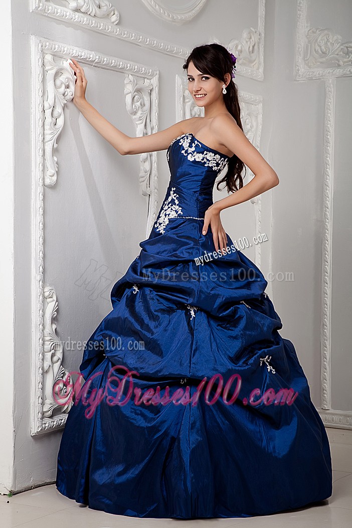 Strapless Sweet 15 Dresses In Navy Blue with Pick-ups and White Appliques