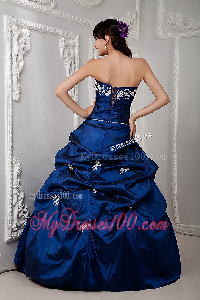 Strapless Sweet 15 Dresses In Navy Blue with Pick-ups and White Appliques