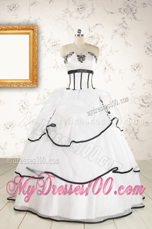 2016 Cheap Appliques and Ruffles White and Black Quinceanera Dresses
