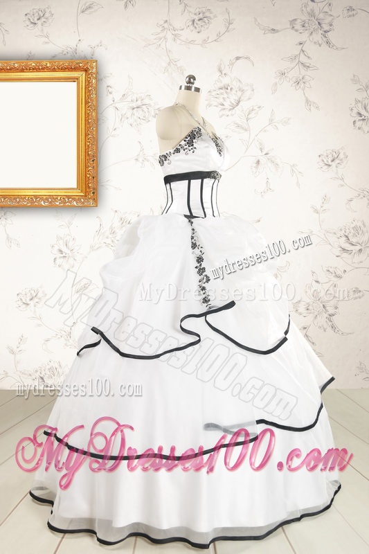 2016 Cheap Appliques and Ruffles White and Black Quinceanera Dresses