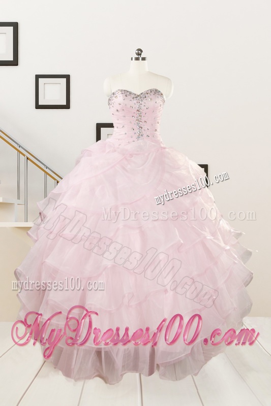 2016 Cute Baby Pink Quinceanera Dresses with Beading and Ruffles