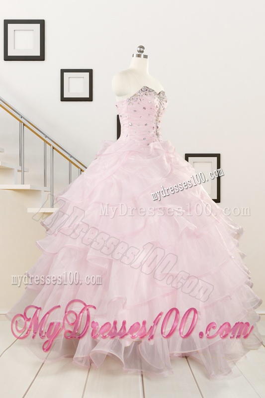 2016 Cute Baby Pink Quinceanera Dresses with Beading and Ruffles