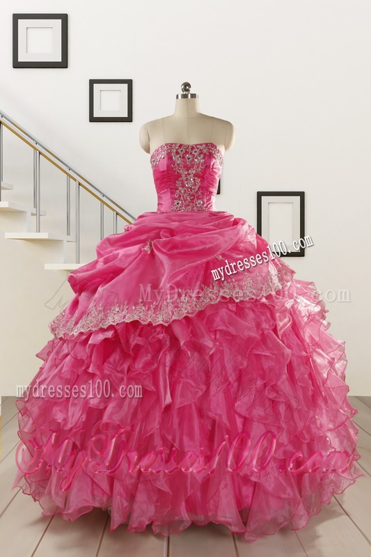 2016 Elegant Appliques and Ruffles Quinceanera Gowns in Hot Pink