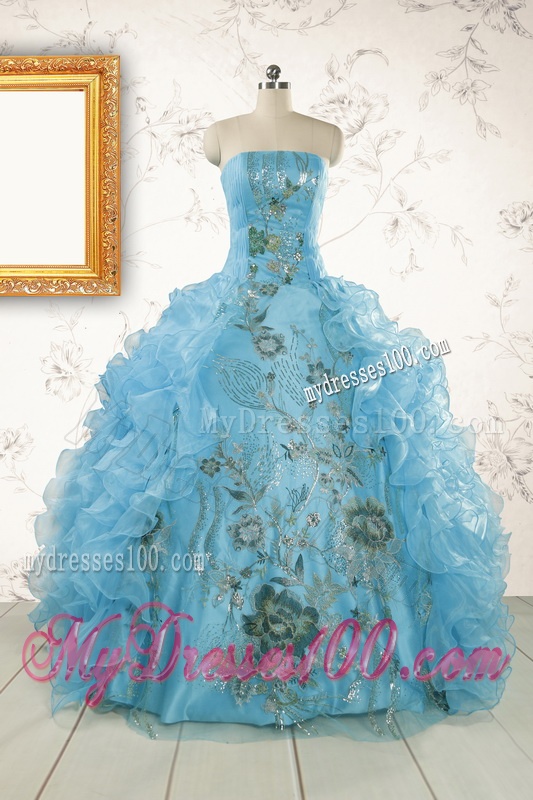 2016 New Style Ruffles Embroidery Strapless Quinceanera Dresses in Baby Blue
