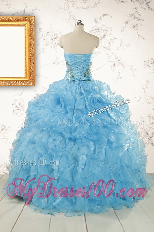 2016 New Style Ruffles Embroidery Strapless Quinceanera Dresses in Baby Blue