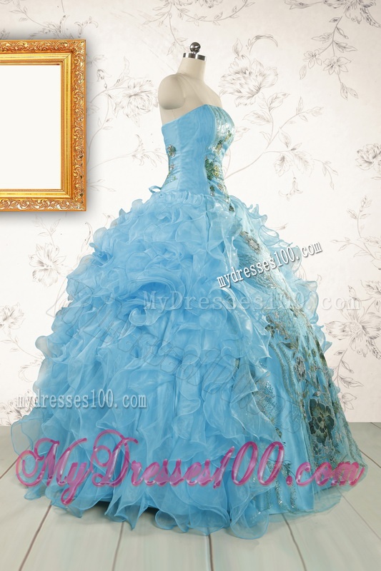 2016 New Style Ruffles Embroidery Strapless Quinceanera Dresses in Baby Blue