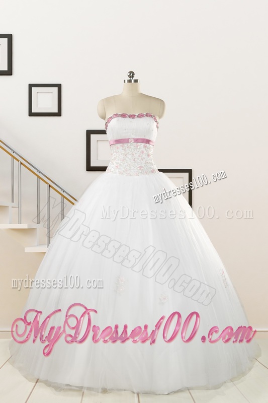 2016 Perfect White Strapless Appliques and Belt Quinceanera Dresses