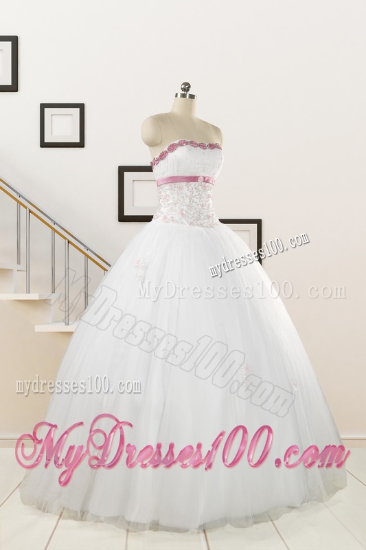 2016 Perfect White Strapless Appliques and Belt Quinceanera Dresses