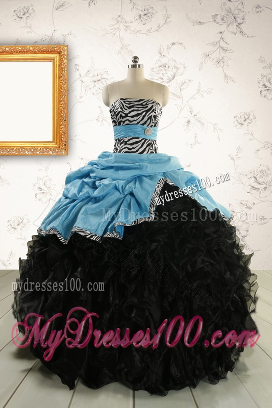 2016 Prefect Ruffles Blue and Black Quinceanera Dresses with Zebra