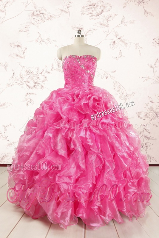 2016 Pretty Hot Pink Quinceanera Dresses with Appliques and Ruffles