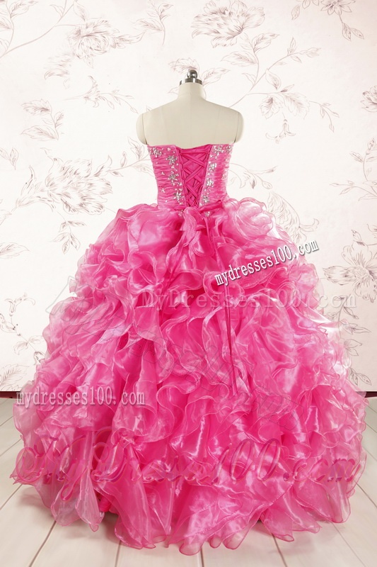 2016 Pretty Hot Pink Quinceanera Dresses with Appliques and Ruffles