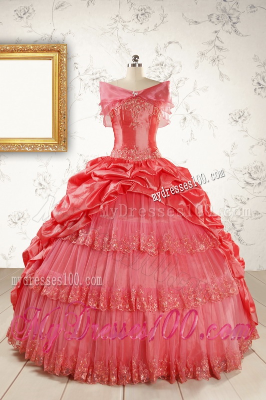 2016 Puffy Appliques Watermelon Quinceanera Dresses with Strapless