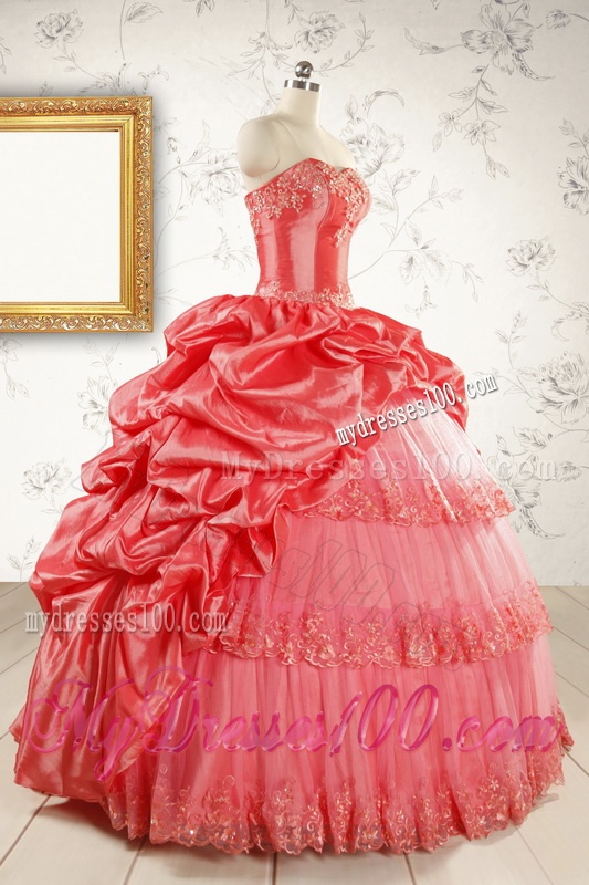 2016 Puffy Appliques Watermelon Quinceanera Dresses with Strapless