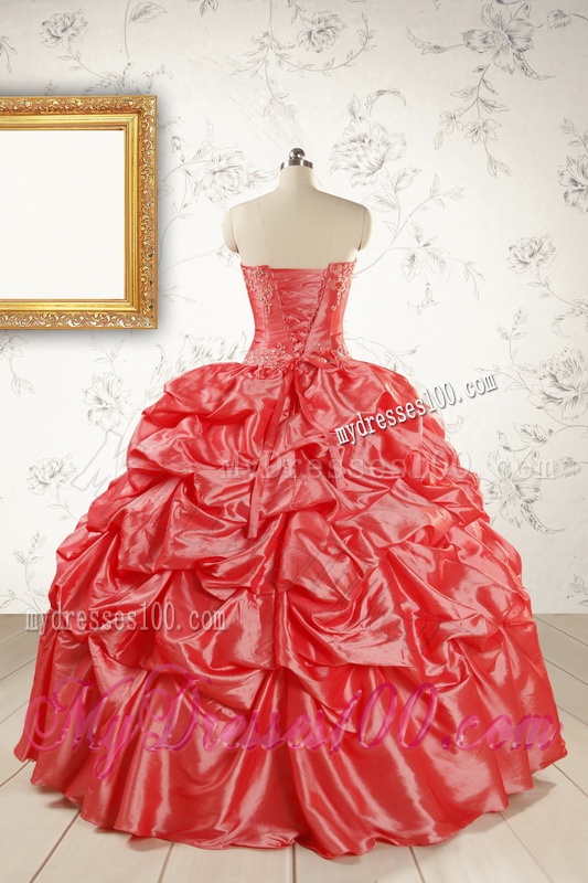 2016 Puffy Appliques Watermelon Quinceanera Dresses with Strapless