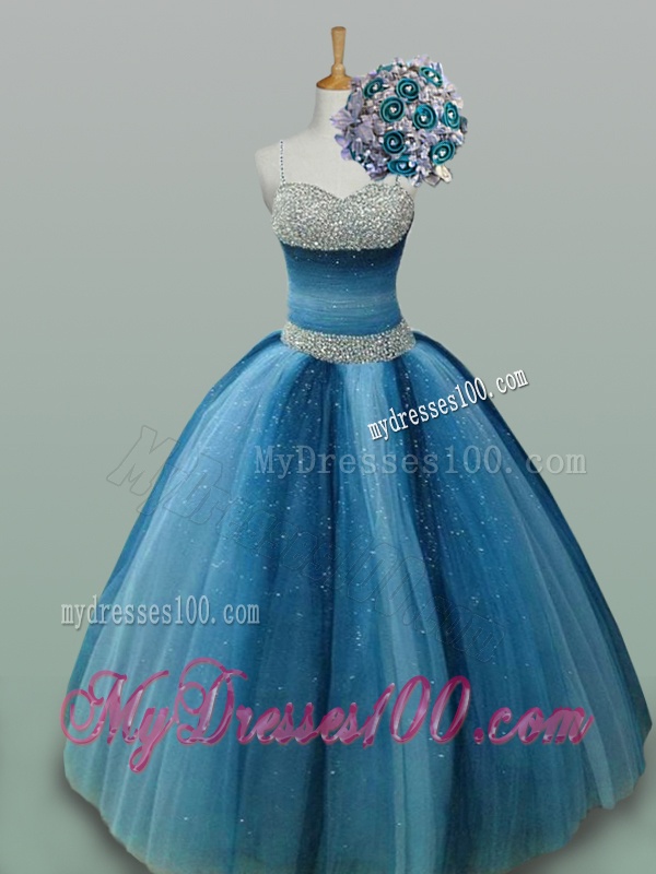 2016 Romantic Spaghetti Straps Beaded Quinceanera Dresses in Tulle