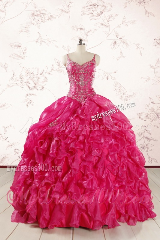 2016 Unique Beading Hot Pink Quinceanera Dresses with Spaghetti Straps