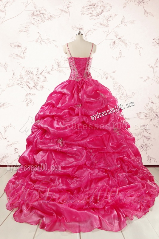 2016 Unique Beading Hot Pink Quinceanera Dresses with Spaghetti Straps