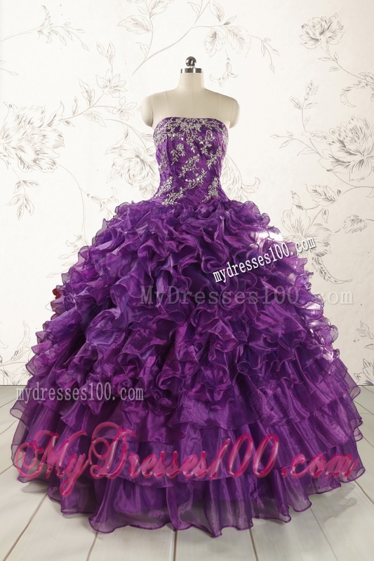 Beautiful Appliques Purple Strapless 2016 Quinceanera Dresses
