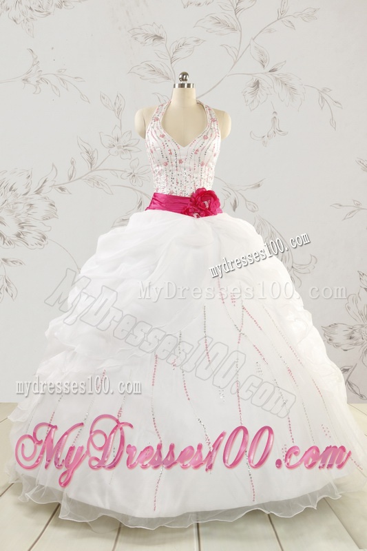 Elegant Halter Belt Beading White Quinceanera Dresses for 2016