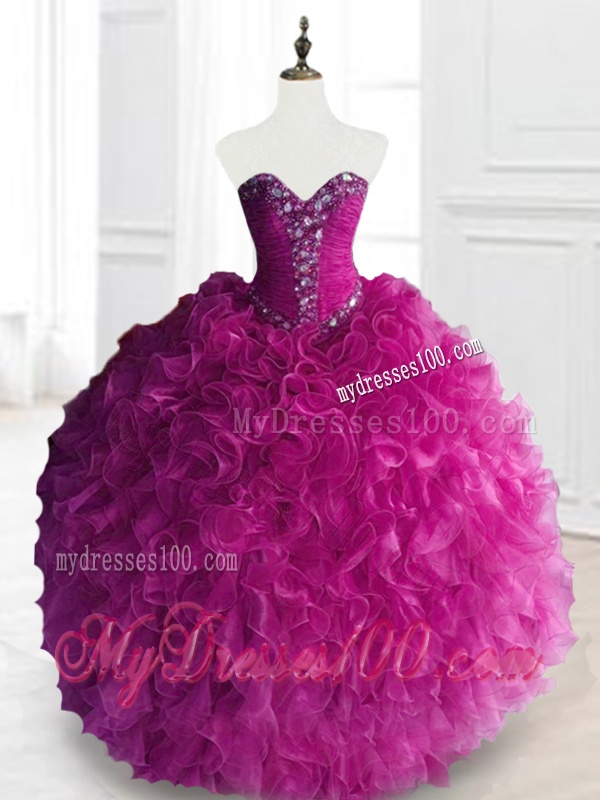 Fashionable Beading and Ruffles Quinceanera Dresses in Fuchsia