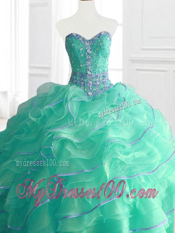 Gorgeous Sweetheart Beading and Ruffles Quinceanera Gowns in Turquois