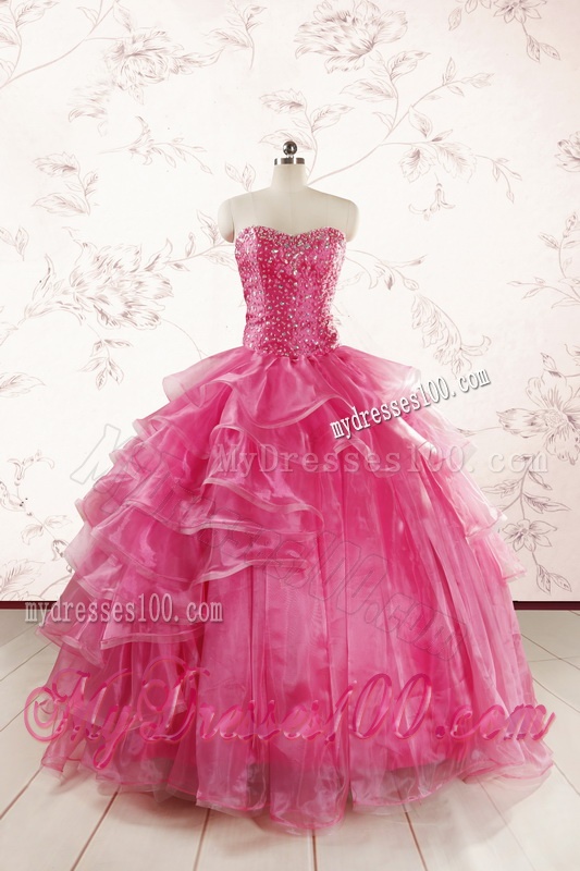 Hot Pink Sweetheart Beading Quinceanera Dresses with Brush Train