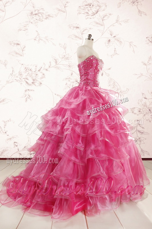Hot Pink Sweetheart Beading Quinceanera Dresses with Brush Train