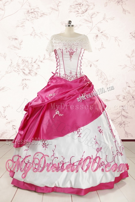 Luxurious Embroidery Sweet 15 Dresses in White and Hot Pink