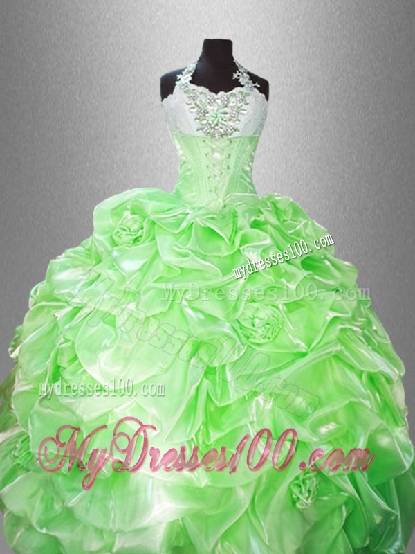 Luxurious Halter Top Pick Ups Quinceanera Gowns in Spring Green