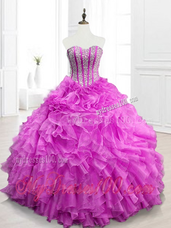 Modern Beading and Ruffles Fuchsia Quinceanera Gowns for 2016
