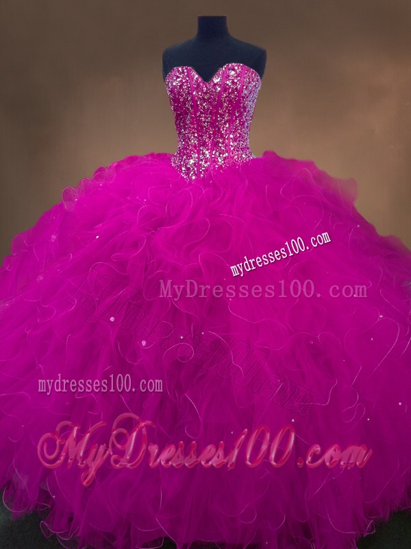 Popular Beaded Fuchsia Sweet 16 Dresses with Sweetheart
