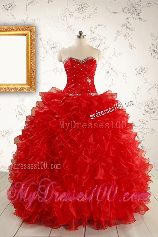 Pretty Ball Gown Sweetheart 2016 Red Quinceanera Dresses with Beading