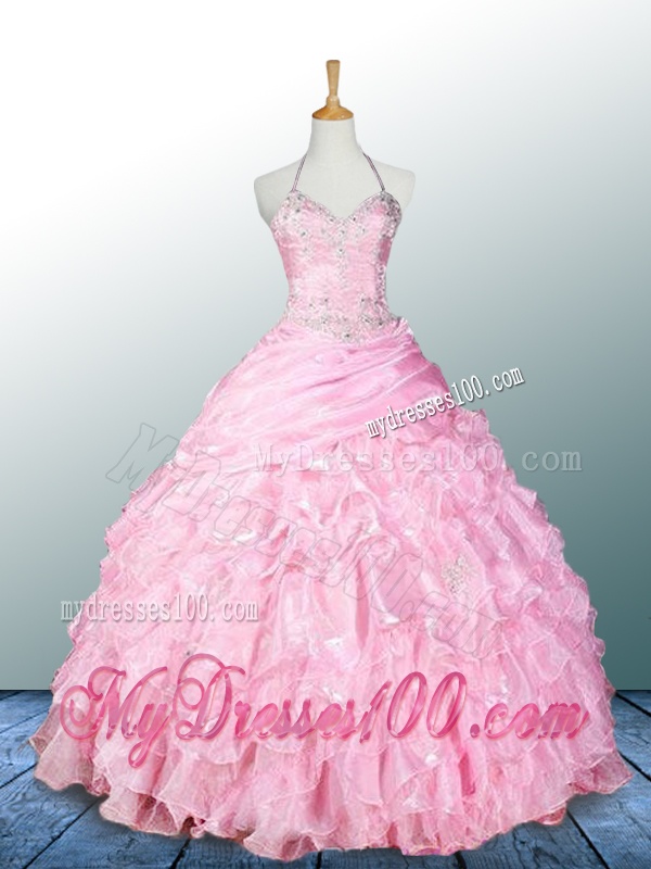 Pretty Halter Top Pink Quinceanera Dresses with Appliques