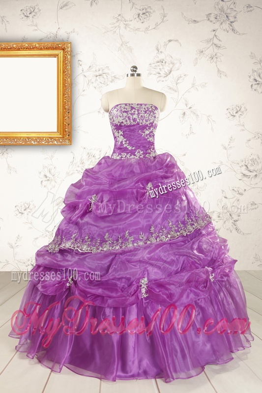 Pretty Strapless Lilac Quinceanera Dresses with Appliques for 2016