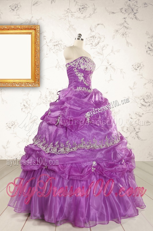 Pretty Strapless Lilac Quinceanera Dresses with Appliques for 2016