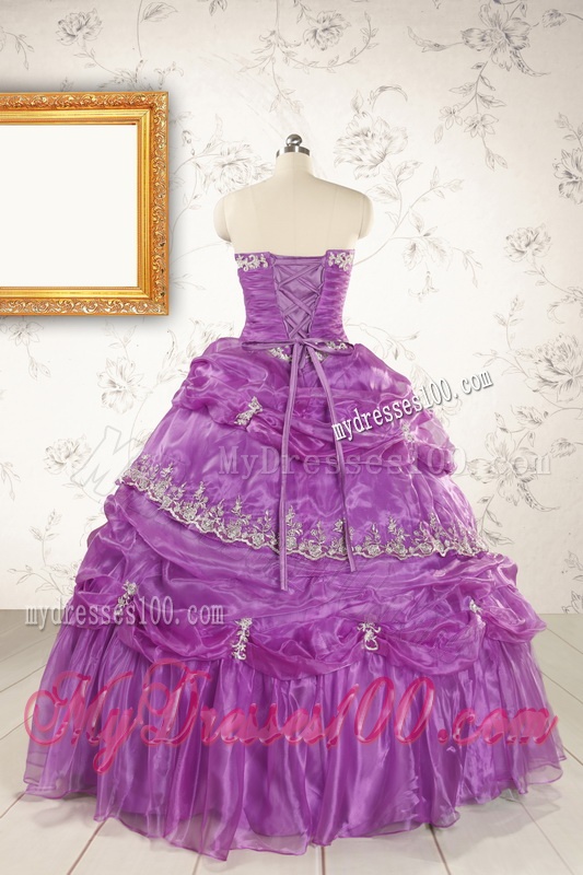 Pretty Strapless Lilac Quinceanera Dresses with Appliques for 2016