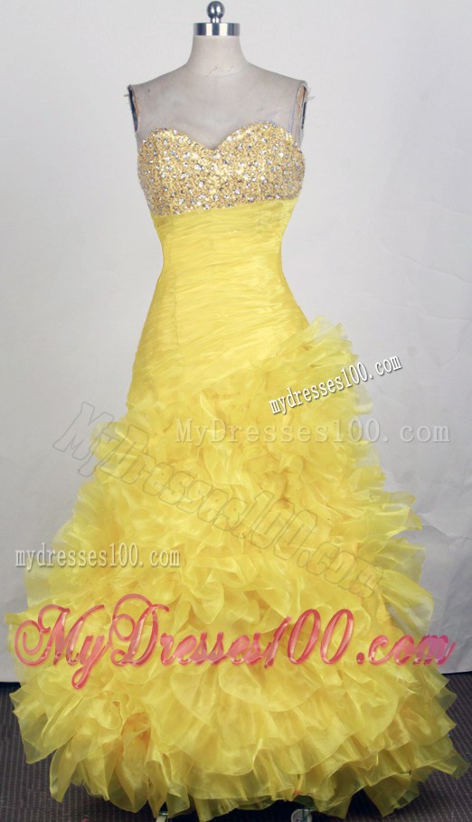 Yellow Jewelry Ruching and Ruffled Layers Decorated Prom Gown
