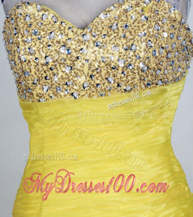 Yellow Jewelry Ruching and Ruffled Layers Decorated Prom Gown