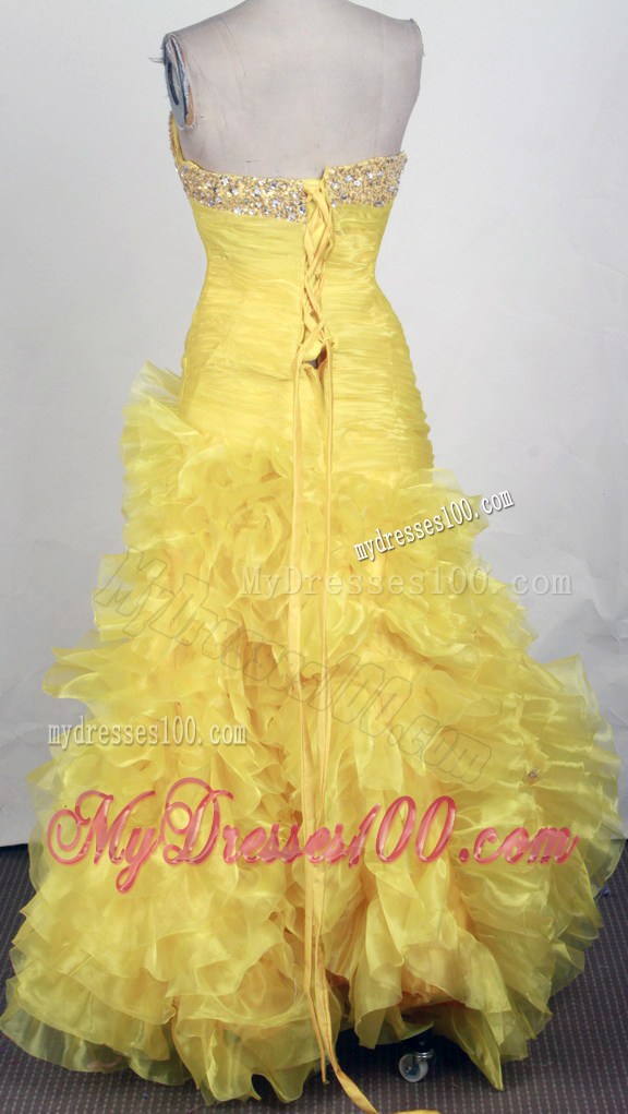 Yellow Jewelry Ruching and Ruffled Layers Decorated Prom Gown