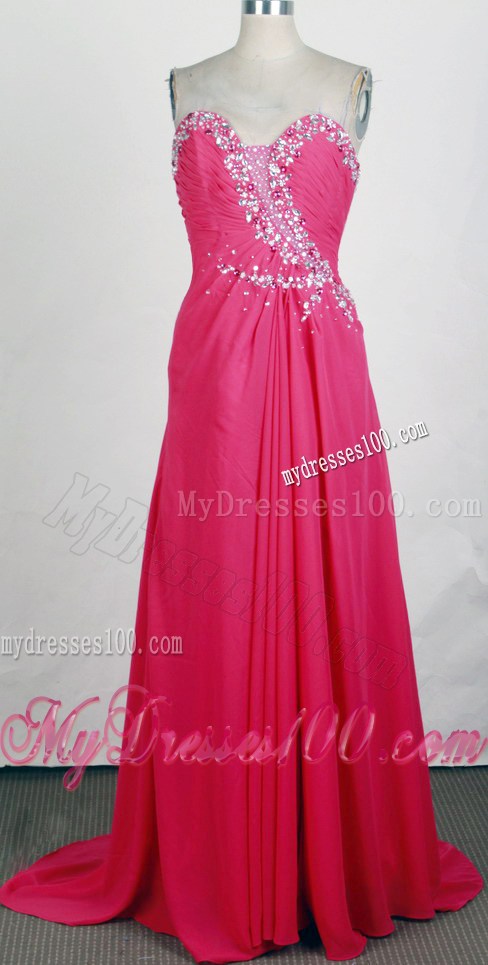 Shining Beadings Decorated Ruching Chiffon Prom Gown with Sweep Train