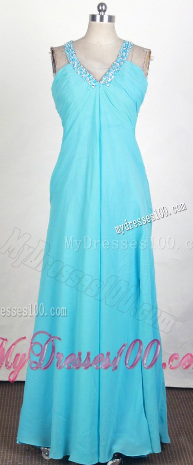 Beaded V-neck Chiffon Prom Gown in Blue With Back Covered