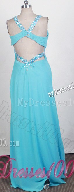 Beaded V-neck Chiffon Prom Gown in Blue With Back Covered