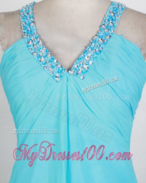 Beaded V-neck Chiffon Prom Gown in Blue With Back Covered