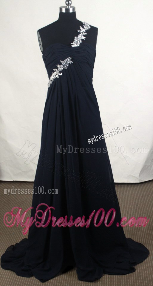 Appliqued One Shoulder Prom Dress in Black Chiffon