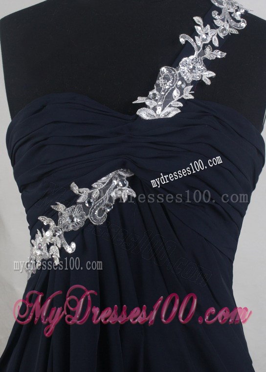Appliqued One Shoulder Prom Dress in Black Chiffon
