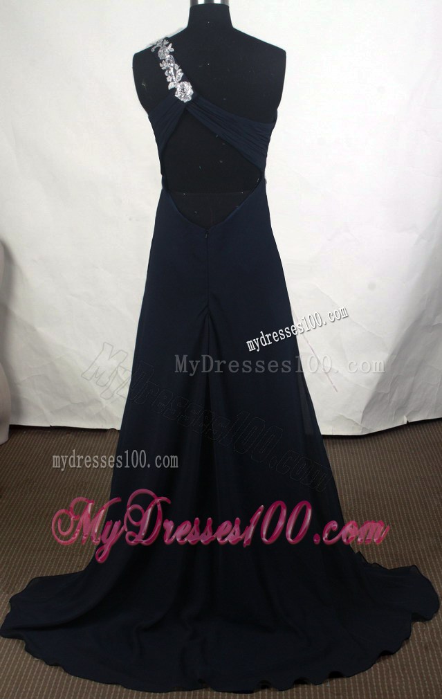 Appliqued One Shoulder Prom Dress in Black Chiffon