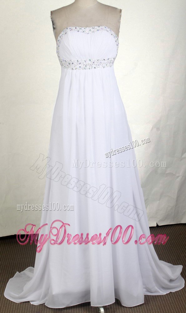 Beaded Long White Chiffon Prom Dresses Of Backless