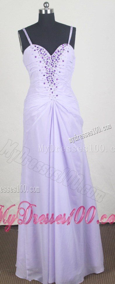 Lilac Long Prom Gown with Beading and Spaghetti Straps